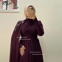 Xijun Modest Chiffon Long Evening Dresses Beads Sequined Cape Sleeves Prom Dresses Formal A-Line Muslim Prom Gowns Customized