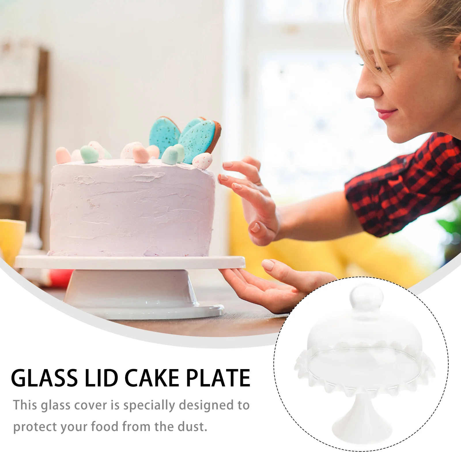 

Stylish Dessert Lid with Tray Set Clear Glass Cake Cover and Ceramic Base Dustproof Food Protector for Home Party Use