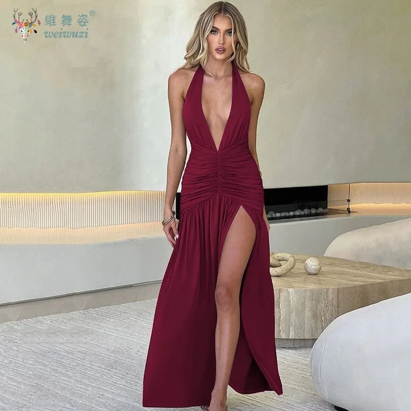 セクシーなネックハンギングディープVネックノースリーブロングイブニングドレス、バックレスハイスリットビーチパーティーカクテルパーティーイブニングドレス