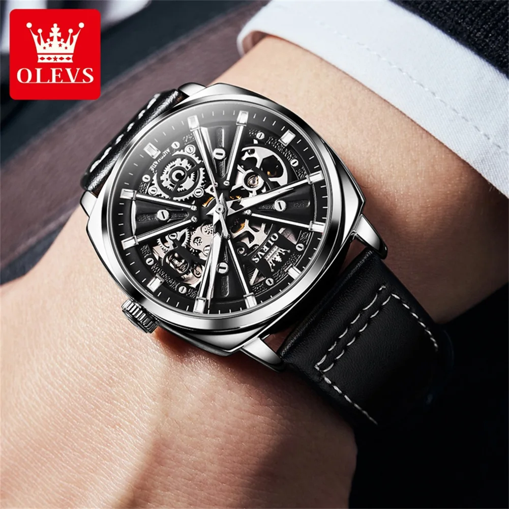 OLEVS 6685 Automatic Watch for Men Golden Skeleton Stainless Steel Waterproof Leather Strap Sports Men\'s Mechanical Wristwatches