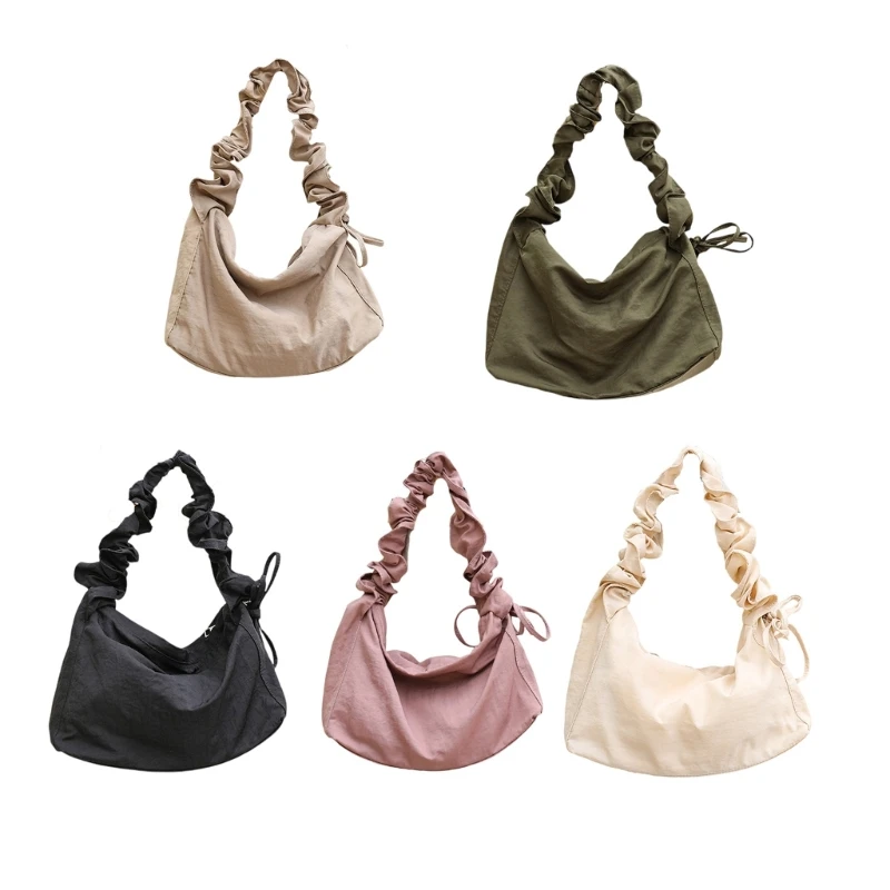 

E74B Women Casual Solid Nylon Shoulder Handbag Adjustable Strap Fashion Pleated Drawstrings Crossbody Bag Underarm Purse