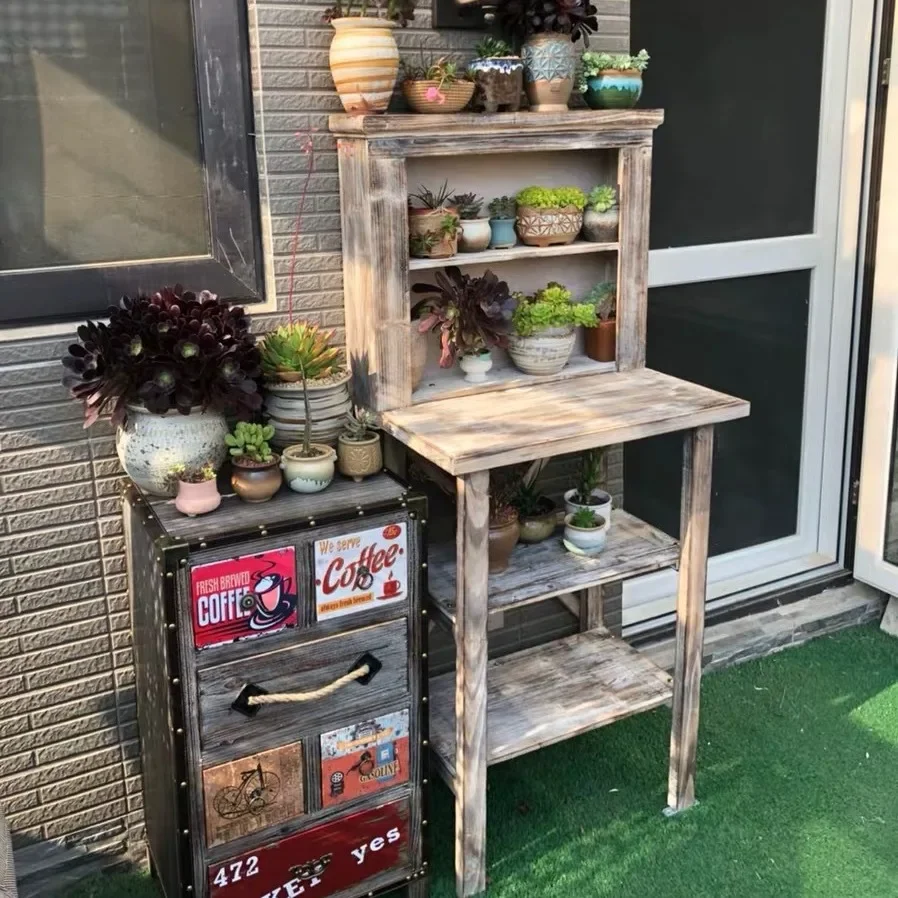 Outdoor courtyard wooden retro succulent flower stand locker flower gardening multi-layer terrace furniture old grocery table