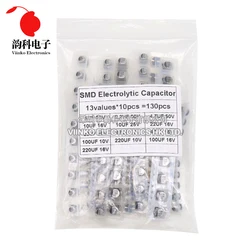 130pcs/Lot 1uF-220uF SMD Aluminum Electrolytic Capacitor Assorted Kit 13values*10pcs=130pcs Capacitance Samples Set