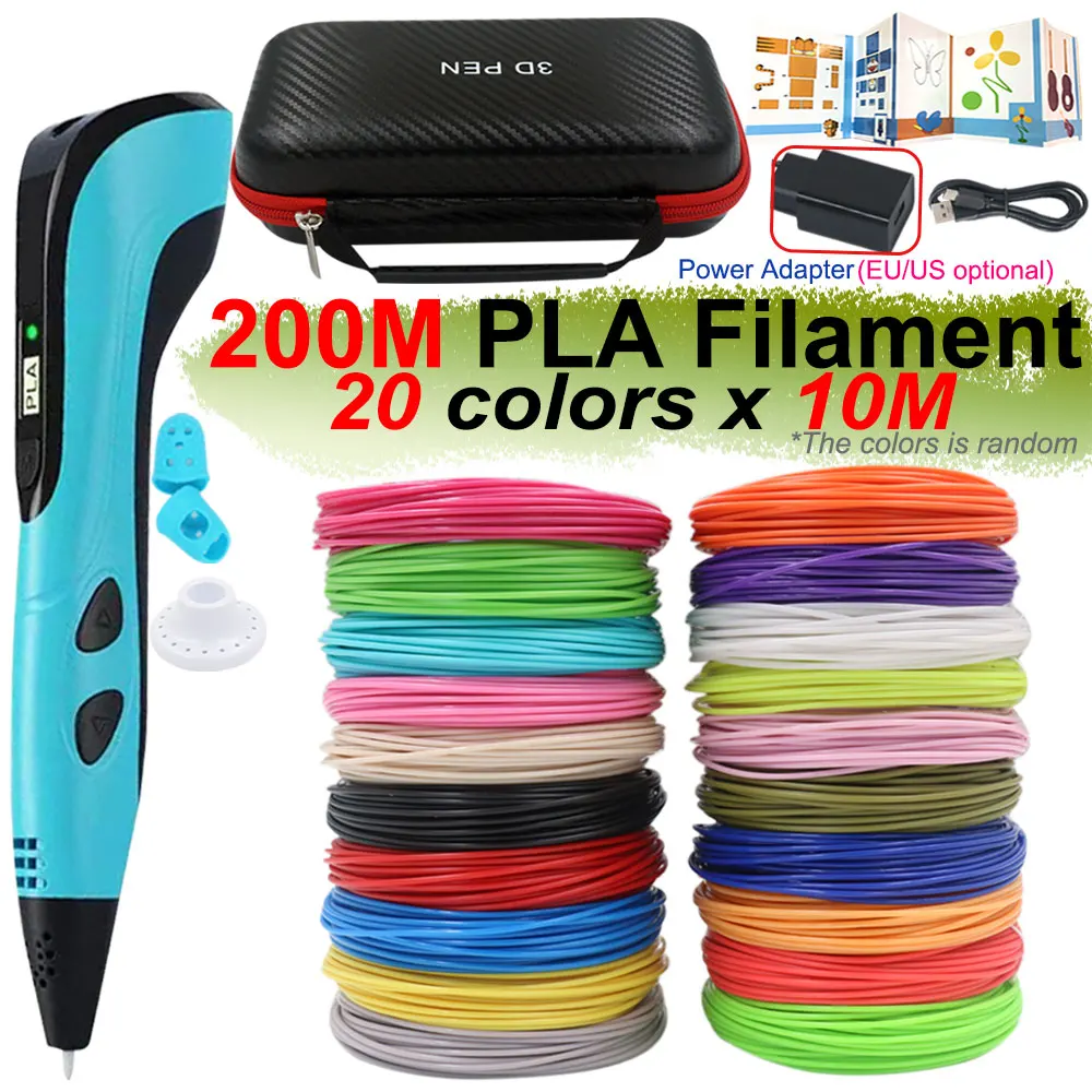 Kids DIY 3D Printing Pen With LCD Display Power Adapter Travel Box 200M Colorful PLA Filament Boys Girls Christmas Birthday Gift