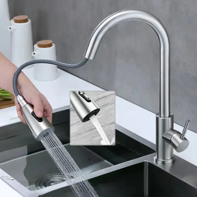 Kitchen faucet, hot and cold rotatable, 304 stainless steel vegetable basin, pull-out and retractable sink faucet