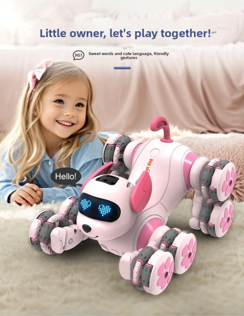 Nuevo Perro Robot con Control remoto inteligente, perro acrobático de 8 ruedas, forma de mascota bonita rosa, perro Robot de juguete para mascotas para niños