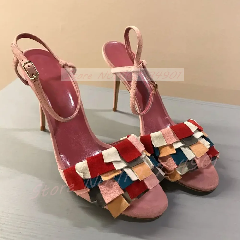 Tassel Ruffles Ankle Strap Sandals Women Pink Suede Multicolor Open Toe High Heels Shoes Sweet Feminine Party Sandals