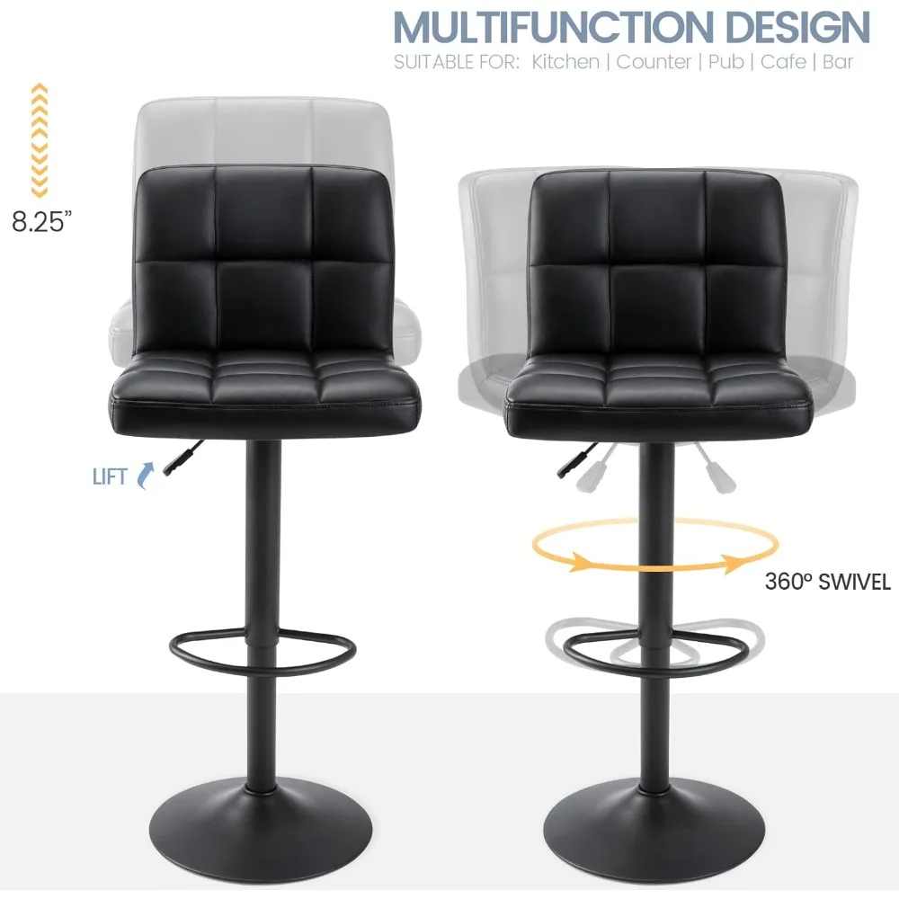 Leather Square Bar Stools, Modern Adjustable Swivel Barstools with Back, Armless Airlift Counter Height