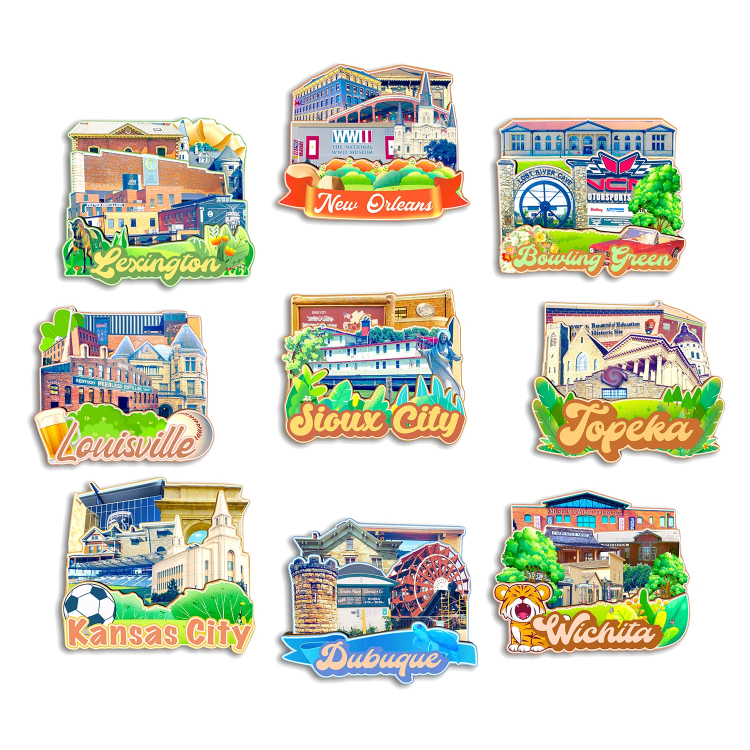 Sioux City Dubuque Wichita Kansas City Topeka Louisville Lexington Bowling Green Iowa США Магнит на холодильник Путешествия Сувенир Подарок