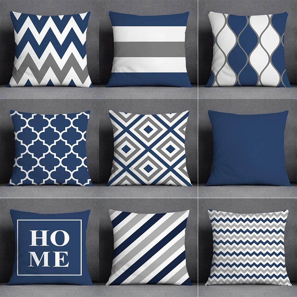 

Nordic Simple Geometric Blue Series Printing Pattern Home Living Room Sofa Decoration Square Polyester Pillow Case