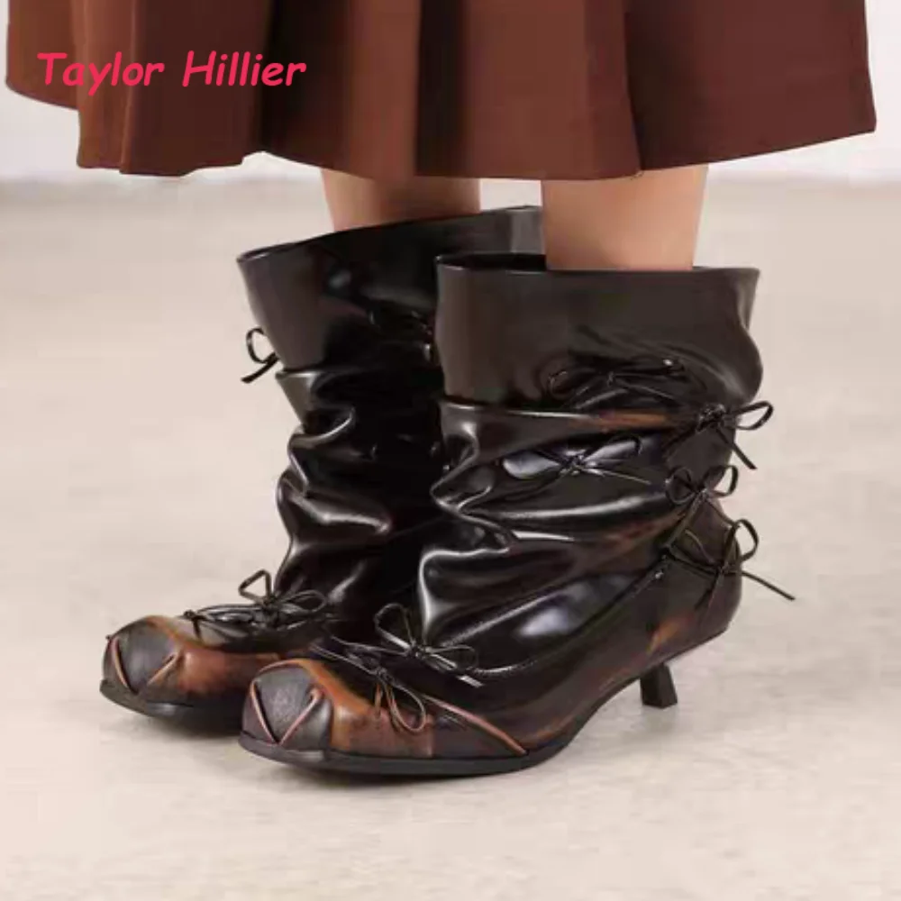 

Square Toe Bow Knot Ruched Ankle Boots Ladies Autumn Winter Fashion Kitten Heels Outdoor 2026 New Arrival Street Style Shoes