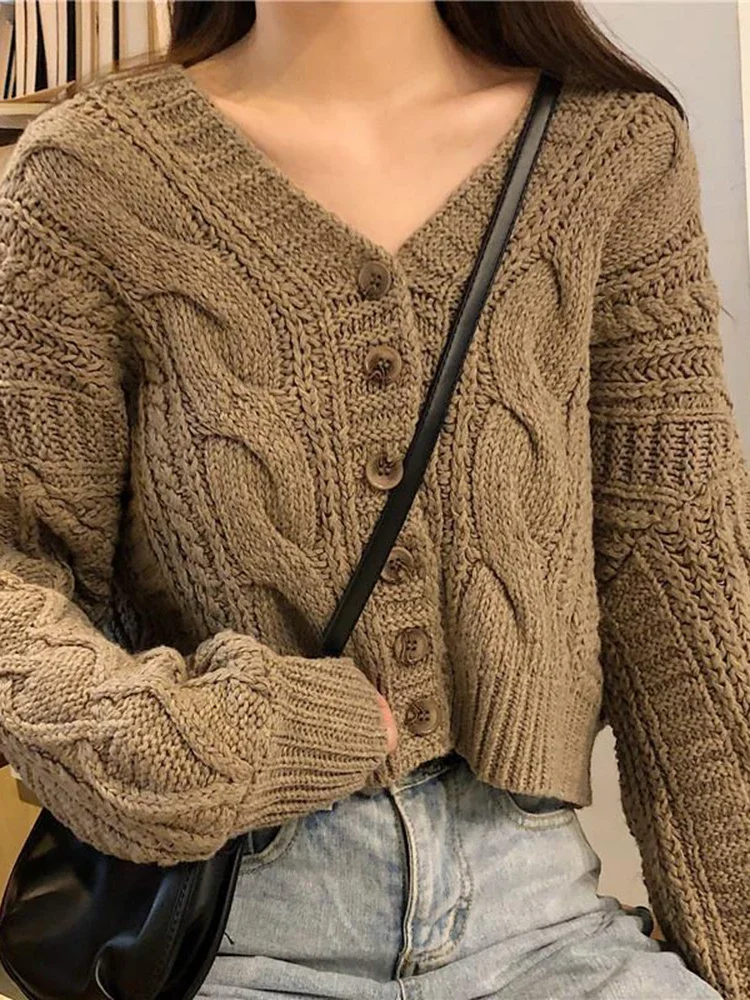 Autumn Winter Women\'s Cardigan Korean Style The Retro Solid Color V-neck Knitted Cardigan Loose Short Twist Sweater Coats LL503