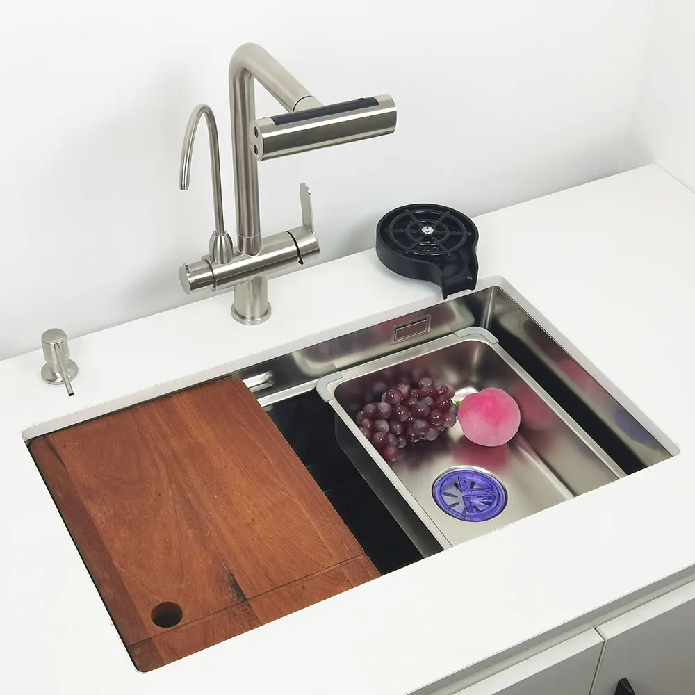 Unterbau-Küchenspüle aus 304 Edelstahl mit Wasserfallarmatur, Multifunktionale Einzelwaschbecken – Detail 10