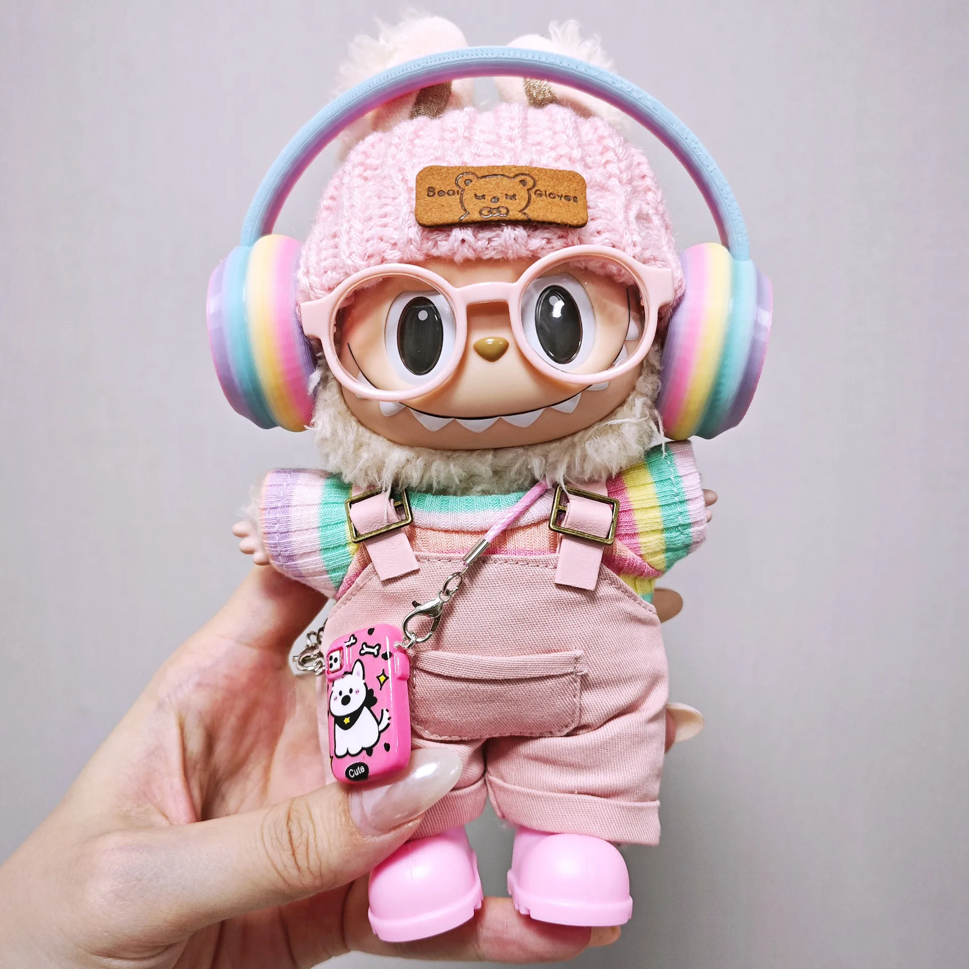 

Clothes For Labubu 15/17Cm Dolls Gen 1-3 Cute Rainbow Pink Overalls Set With Headphones And Shoes Apparel Hanging Accessories