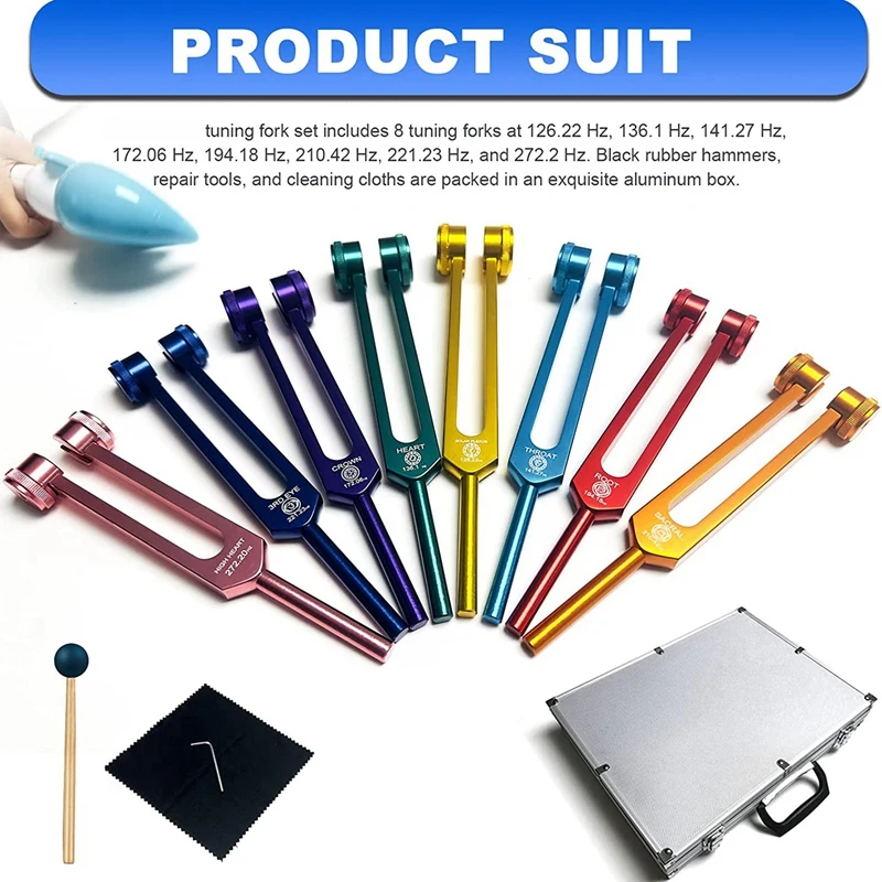 Chakra Tuning Fork Set for Healing,Sound Therapy,Keep Body,with Rubber Mallet,Wrench,Cleaning Cloth and Aluminum Box-A09G
