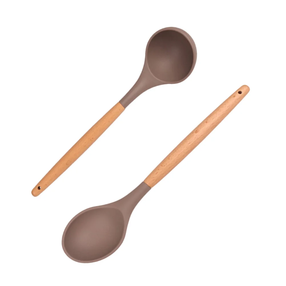 

2Pcs Silicone Wooden Handle Kitchen Wares Set Nonstick Cooking Accessories Spacesaving Hanging Design Safe Healthy for Family