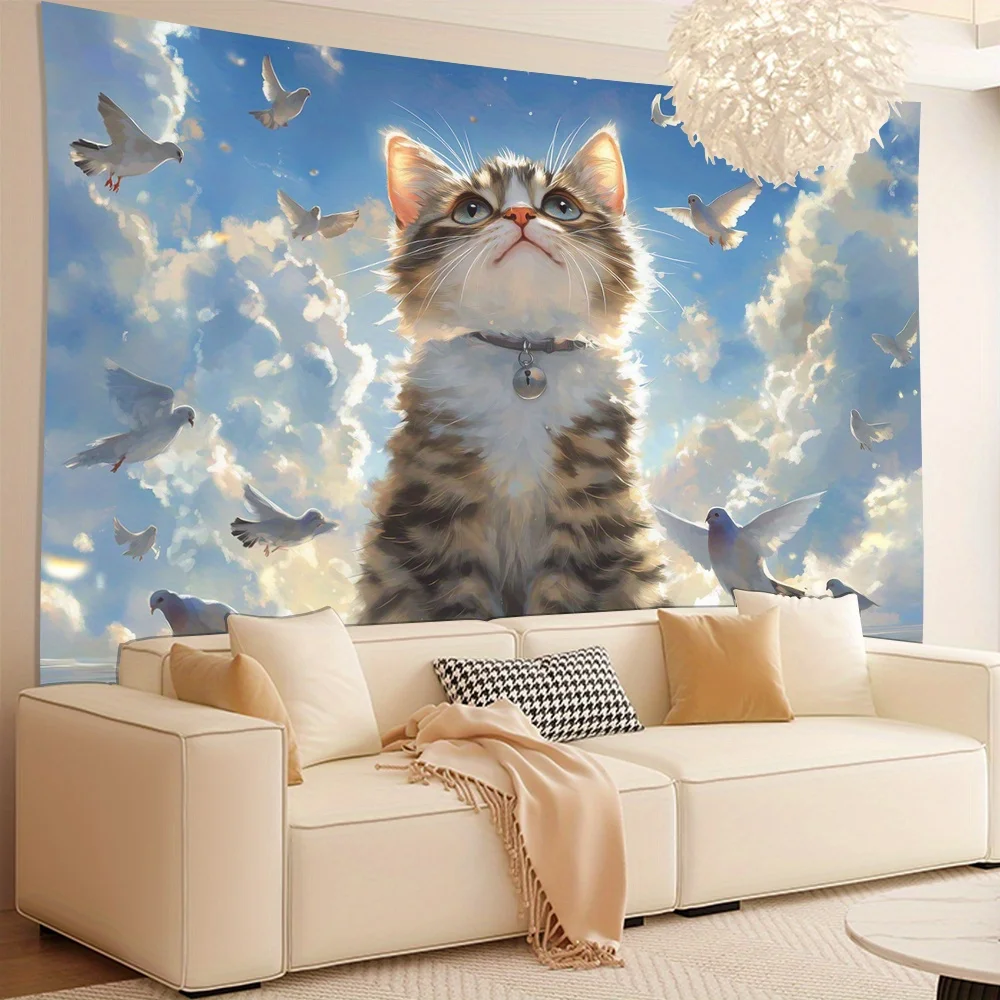Cute Cat and Doves Tapestry Sky Clouds Peaceful Art Wall Hanging Home Decor non-toxic material Simple Installation Elevate Space