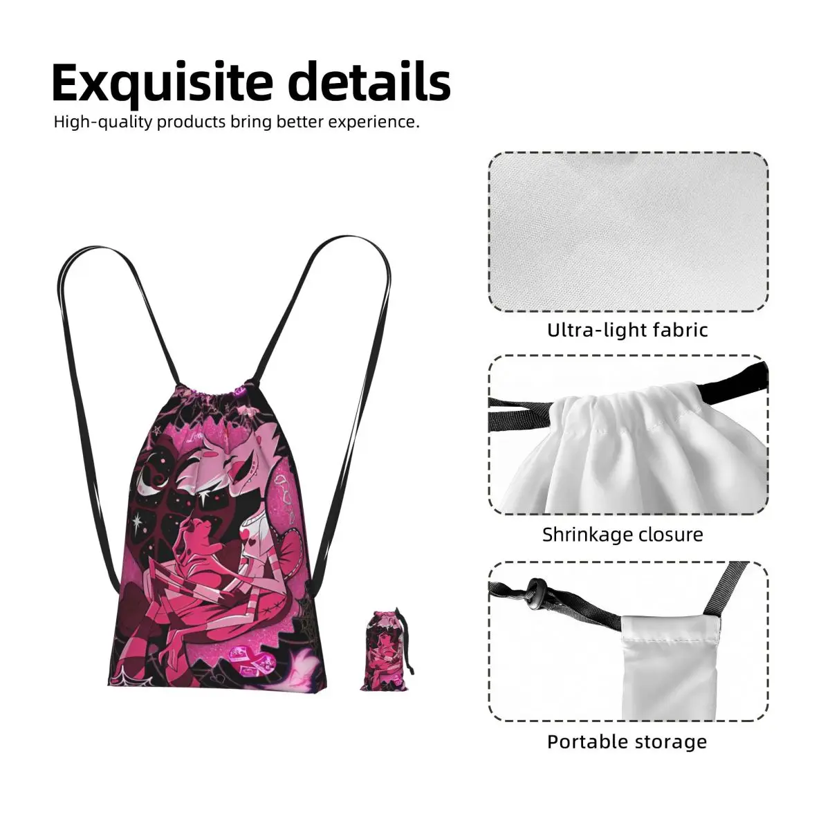 Angel Dust Hazbins Drawstring Backpack hiking cycling Bag Lightweight Foldable Storage Drawstring Bag for Men Women