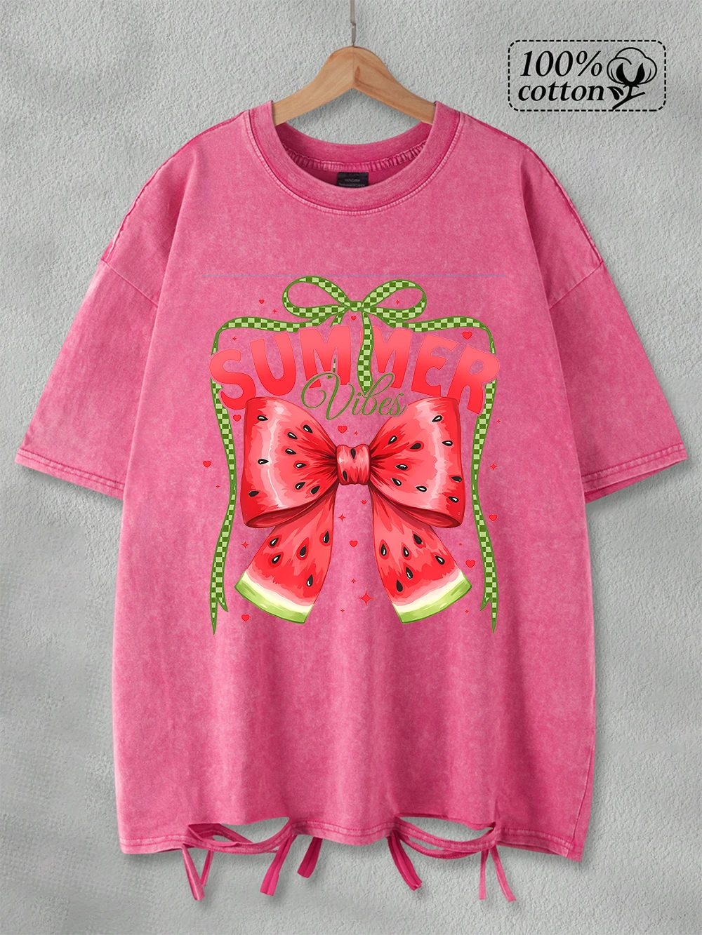 100% Cotton Washed T-Shirts Womens Oversized Summer Vibes Watermelon Prints Tops O-Neck Distressed Holes T Shirt Casual Clothes