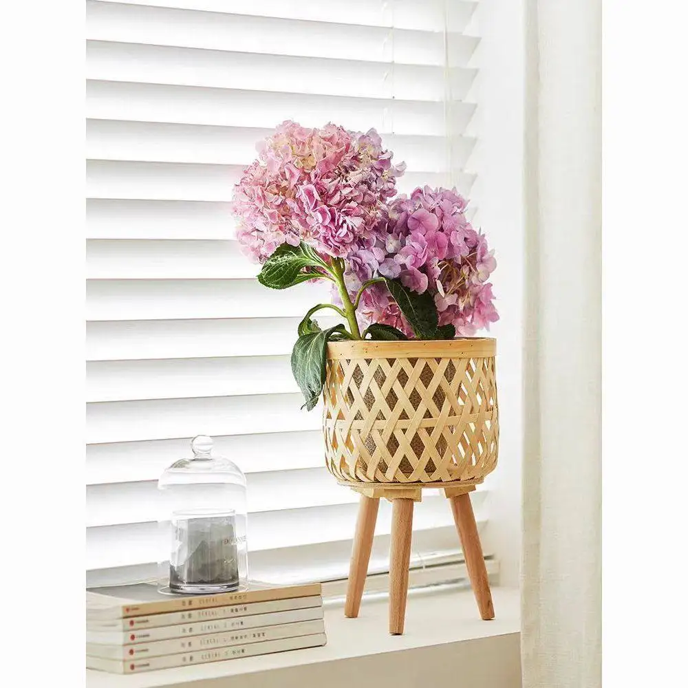 

Nordic solid wood rattan flower rack living room sofa side table floor-standing bamboo shelf