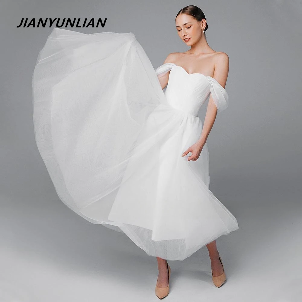 Short Wedding Dress White Tulle Off the Shoulder A Line Wedding Gowns for Women Bride Tea Length Backless Midi Bridal Dress