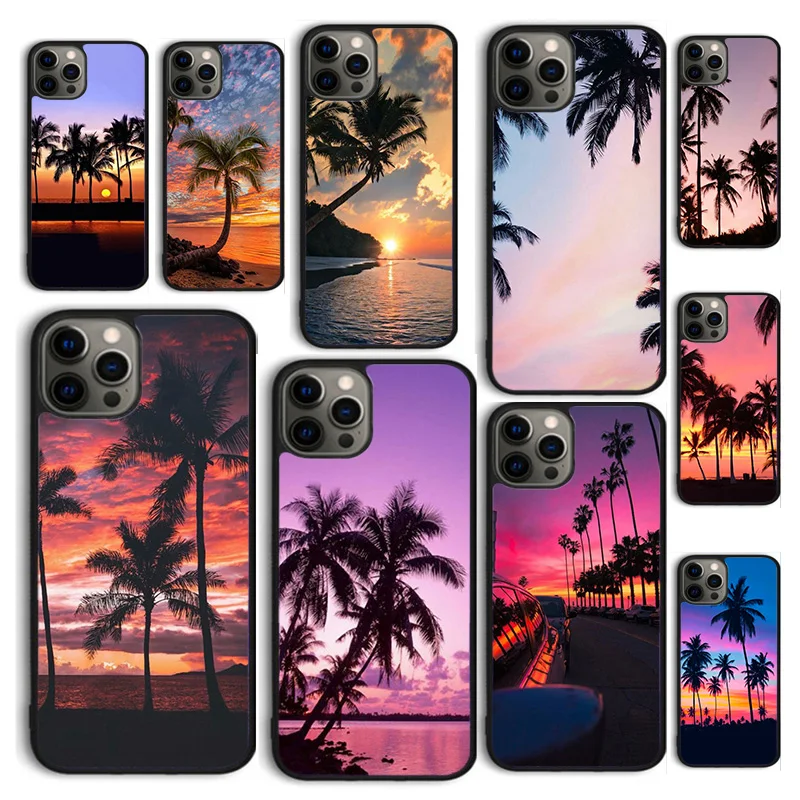 Autumu palm tree sunset ocean beach Phone Case Cover for iPhone 16 15 12 mini 11 13 14 Pro Max SE2020 Apple 6 7 8 Plus Coque