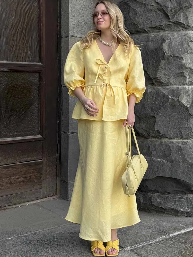 

Женские повседневные комплекты с кардиганом на шнуровке, однотонные свободные топы с v-образным вырезом и пышными рукавами, макси-юбка с высокой талией, летняя элегантная повседневная одежда