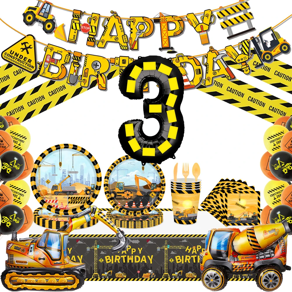 Engineering Vehicle Party Decorations Tableware Plate Cup Dump Truck Foil Balloons Banner Kids Boys Construction Birthday Favors