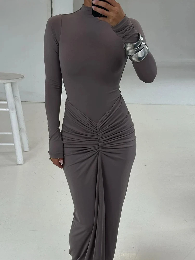 Damska klasyczna sukienka maxi z marszczeniami, nowa jesienna, gładka, z długim rękawem, wysoki kołnierz, modelująca sylwetkę, sukienki damskie, zwięzła, modna szata.