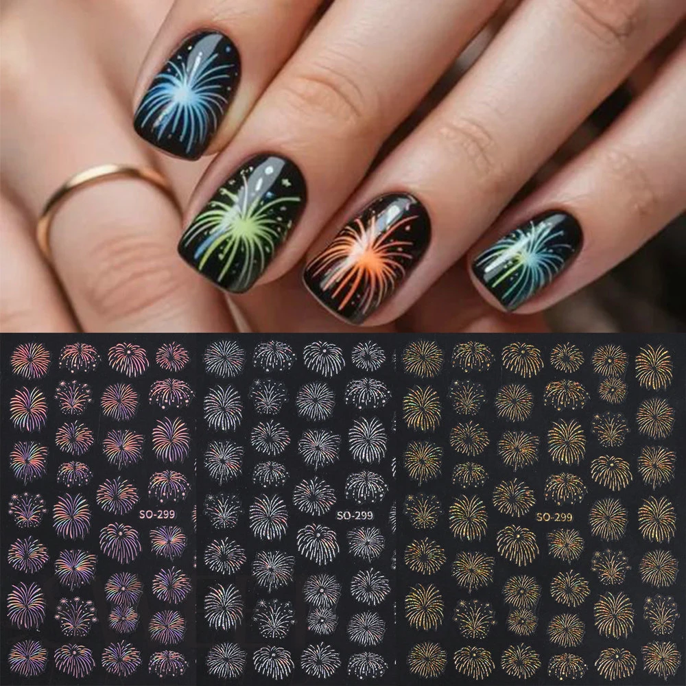 1 feuille 3D dégradé Champagne or irisé feu d'artifice Nail Art autocollants scintillant feu d'artifice ongles décalcomanie nouvel an manucure décalcomanie