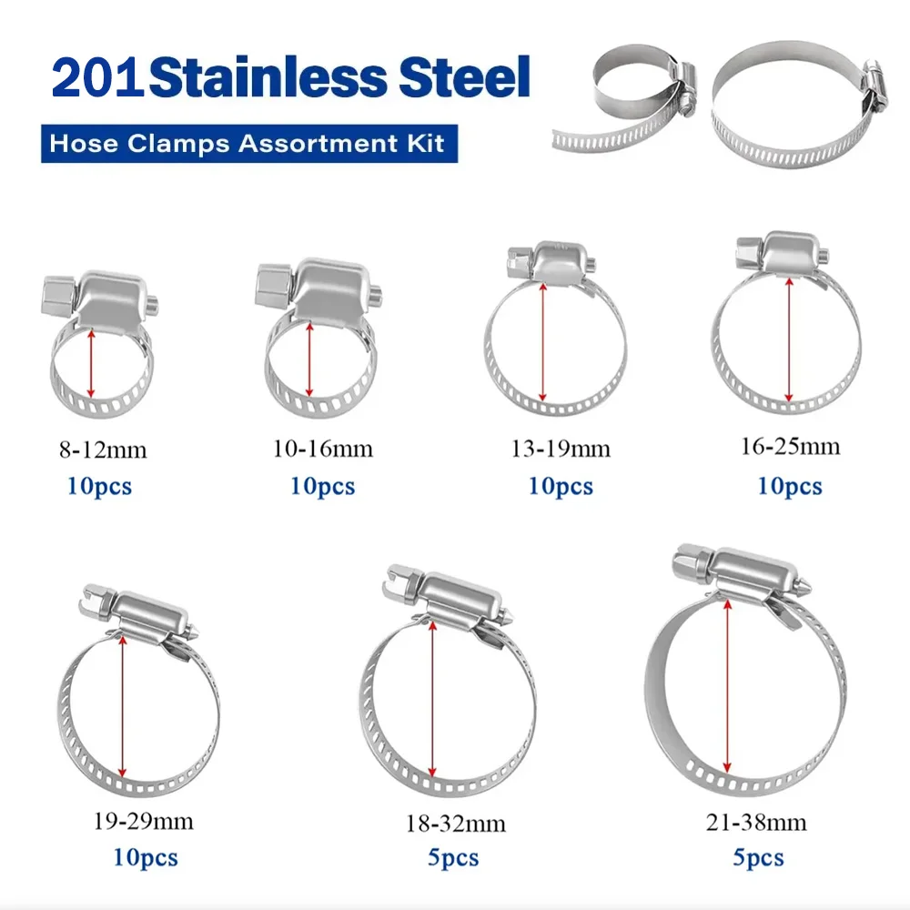 60pcs 8mm-38mm Stainless Steel Hose Screw Band Clamp Car Fuel Hose Water Hose Clamps Set Adjustable Pipe Clamp Worm Gear Clip