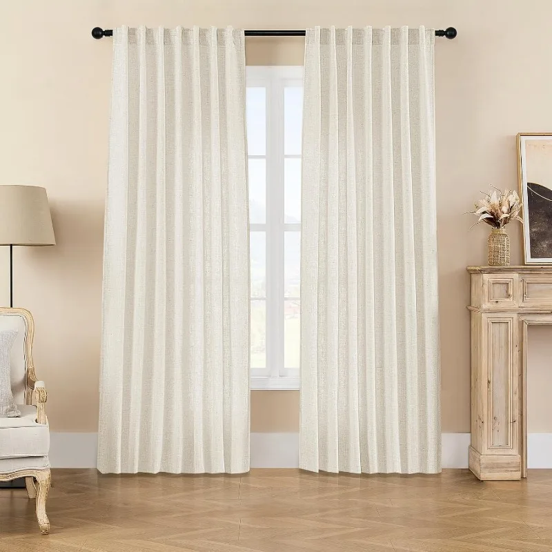 

Linen Living Room Curtains, Light Filtering Rod Pocket Back Pull Ring Semi-Sheer Curtains Long Curtains 90 Inch Long Ivory