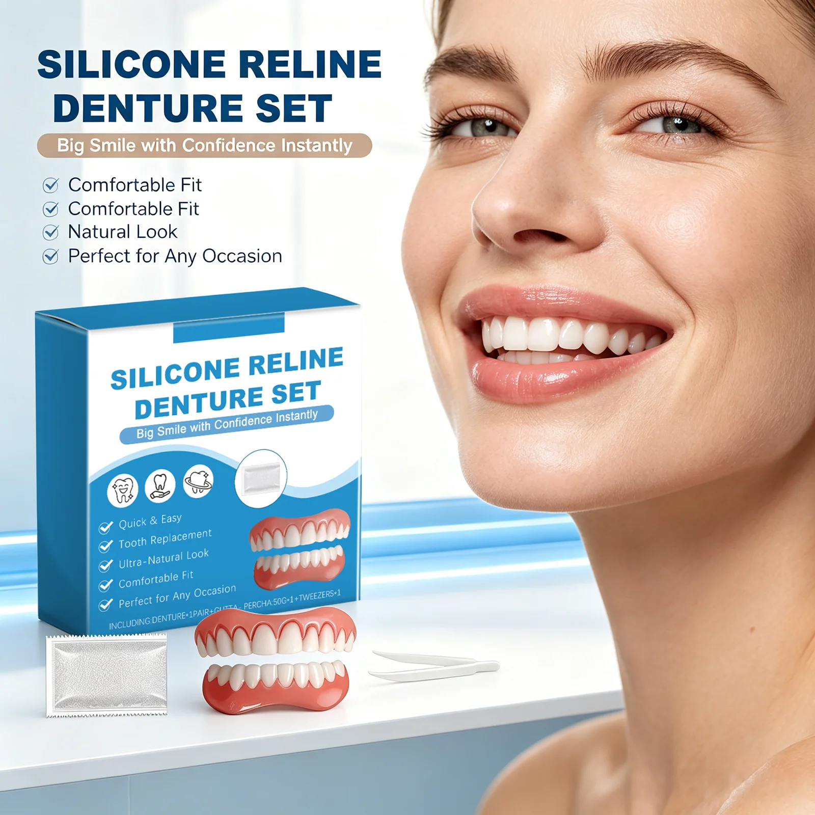 Denture Silicone Kit Beauty Comfort Hide Gap Cover Yellow And Damaged Teeth Upper And Lower Set Easy Use Instant Confident Smile