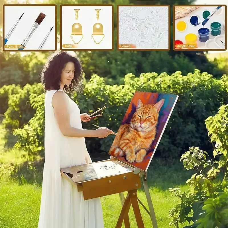 Professional Art Use, 1 Set 2D/Flat Orange Cat Painting by Numbers Kit, DIY Adult Paint by Numbers Set, Easy to Learn for Beginn
