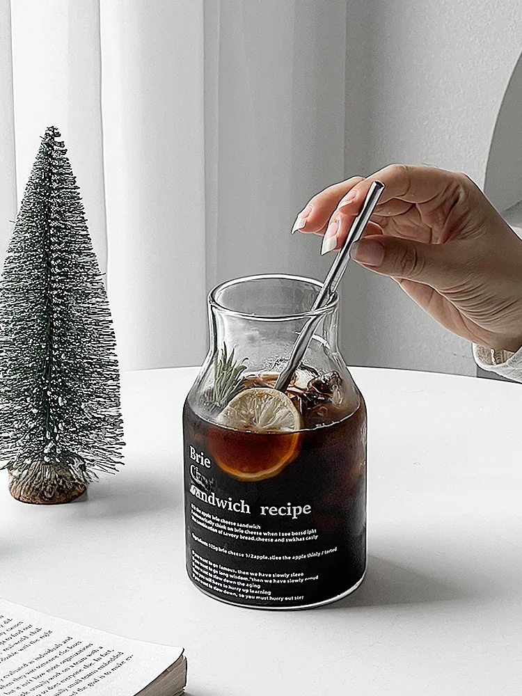 Большая стеклянная чашка для молока, кофе, сока, термостойкая, простая, с буквенным дизайном, домашняя чашка для воды, креативный буквенный элемент с принтом