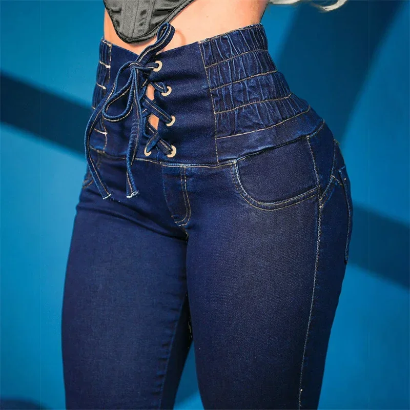 Fashion New Stretch High Waist Lace-up Pencil Jeans Women Slim Lift Hip Denim Pants Female Comfortable Casual Commuter Trousers