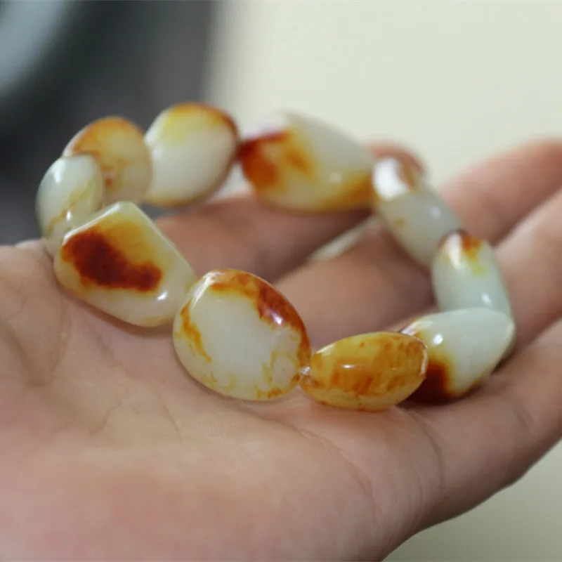 

Hetian Jade Pebble Rough Stone Men'S Jewelry Bracelet Date Red Skin Small Seed