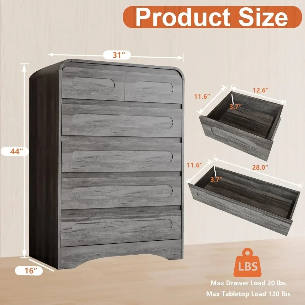 

Современный серый комод с 6 ящиками, изогнутый дизайн для хранения и организации вещей в спальне