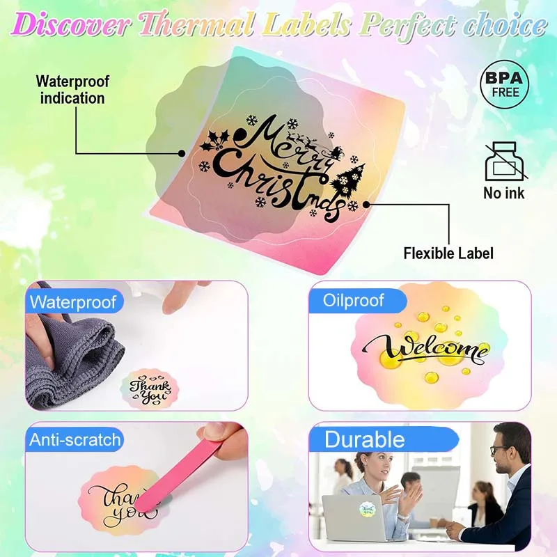 لفة ملصقات مستديرة ذاتية اللصق متدرجة ملصقات حرارية قابلة للطباعة ورق ملون لتغليف الهدايا ختم شكرًا بطاقة سعر الاسم
