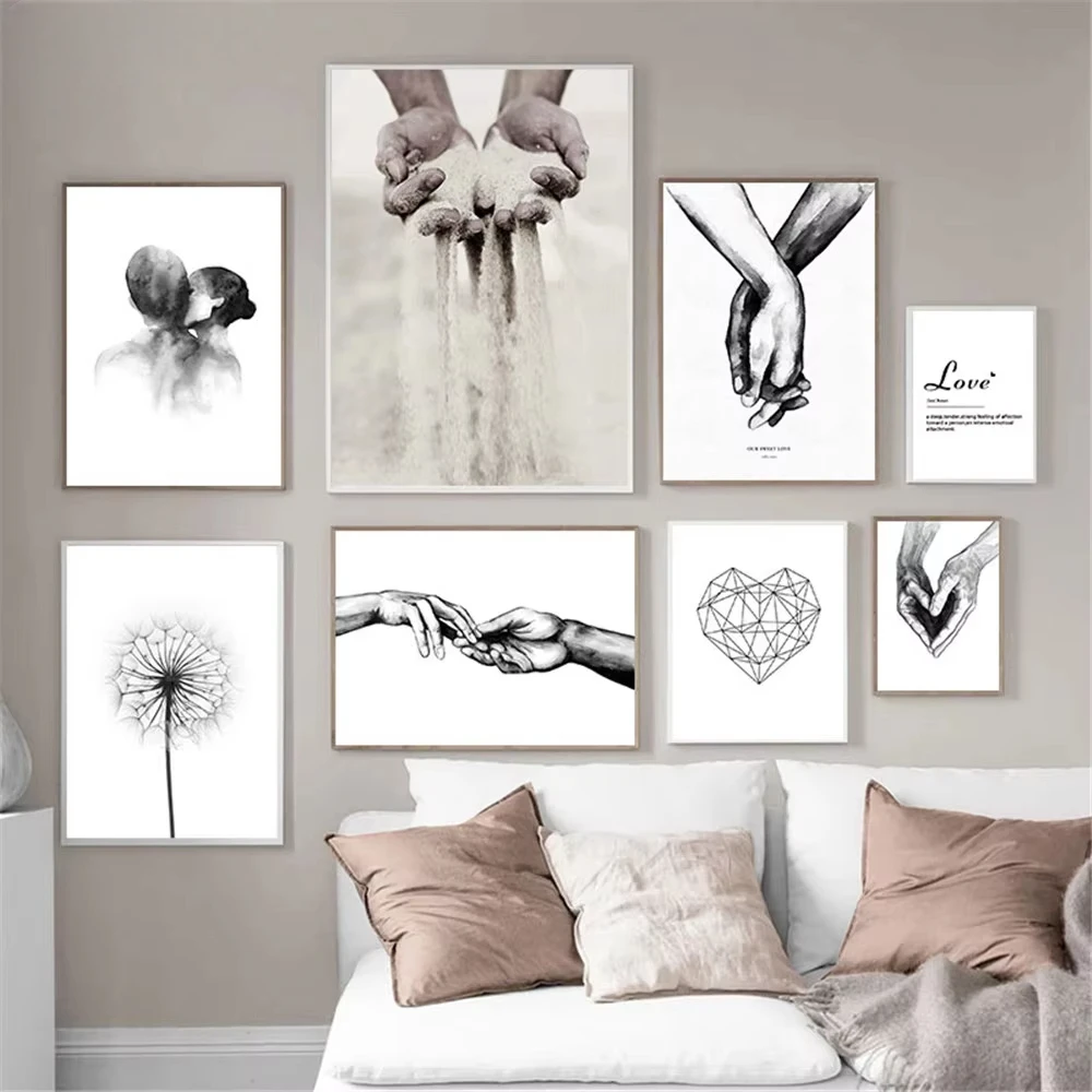Black and White Wall Art Canvas Painting Couple Hand Painting Abstract Love Poster Printmaking Nordic Living Room Decoration