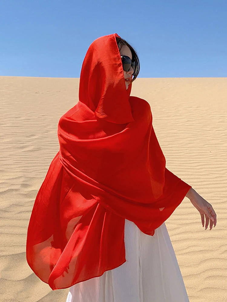 Summer Elegant Solid Thin Women Silk Scarf Beach Wrap Shawls Red Lady Musulman Femme Hijab Bandana Mujer Vacation Scarve Pareo