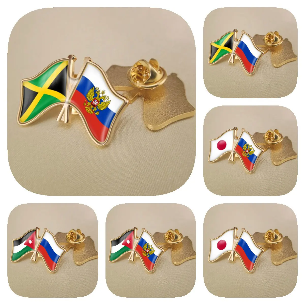 Russian Federation and Jamaica Japan Jordan Double Crossed Friendship Flags Brooches Lapel Pins Badges