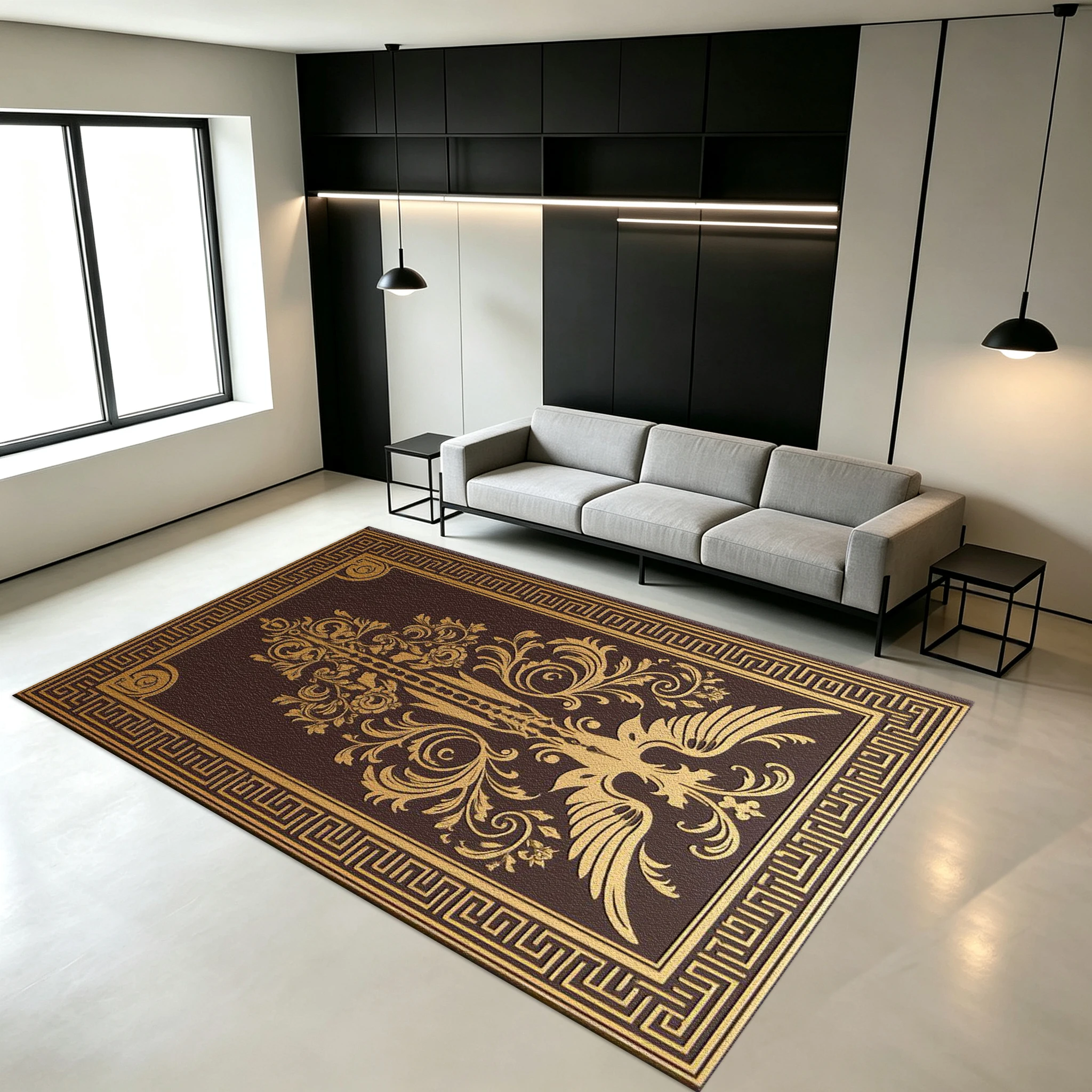 Dark Brown and Gold European-Style Phoenix Pattern Border Carpet Floor Mat Anti-Slip Mat