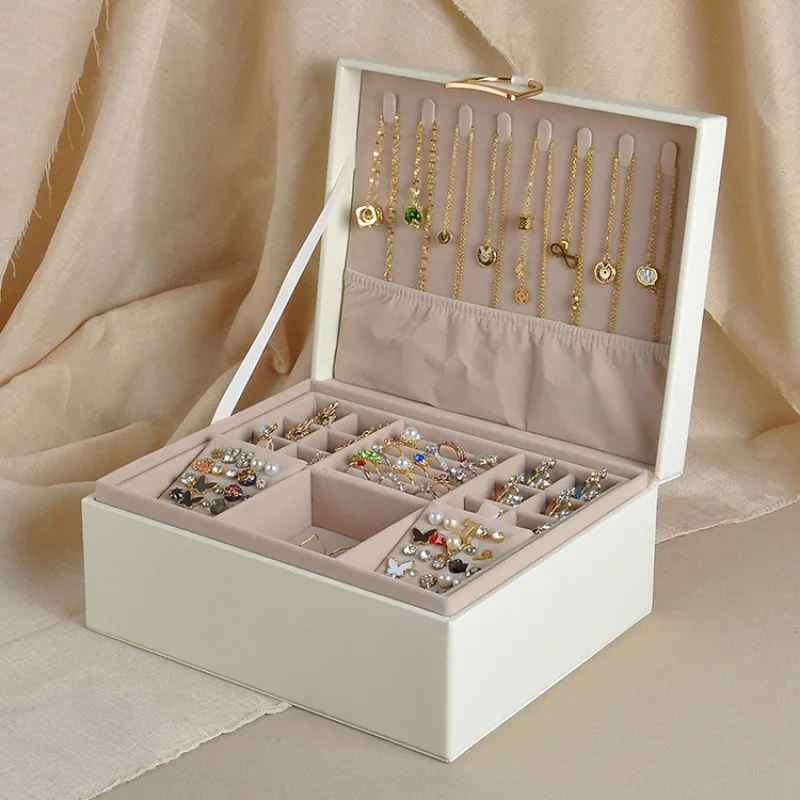 Leather Jewelry Box Minimalist Ring Earring Storage Boxes Double Layer Necklaces Bracelet Display Case Jewellery Organizer Gift