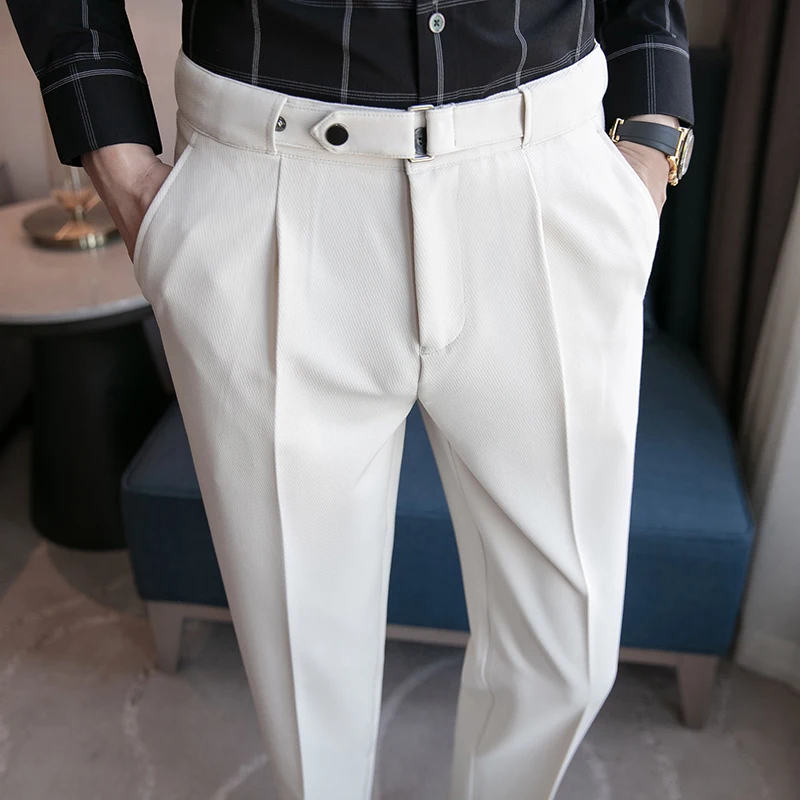 

Men Spring Summer Belt Decoration Casual Ankle Length Pants 2022 Fashion Slim Fit Suit Pants Streetwear Social Business Trousers