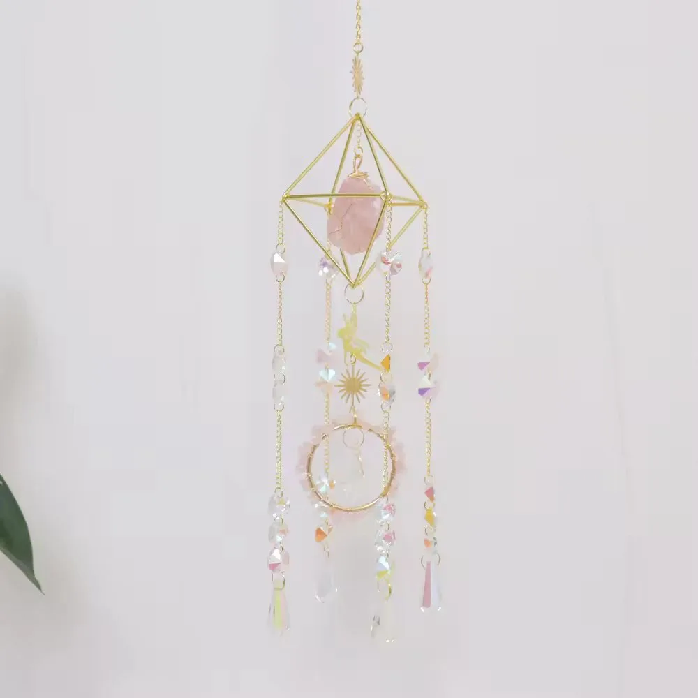 Custom Rose Quartz Geometric Prism Sun Catcher - Healing Stone Hanging Ornament for Window and Home Decor