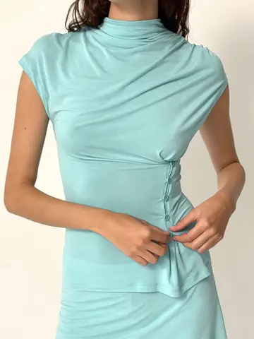 Absobe Solid Color Waist-cinching Button Tops Turtleneck Short Sleeve Slim Fit Ruched Fashion Women Pullover T-shirt Streetwear