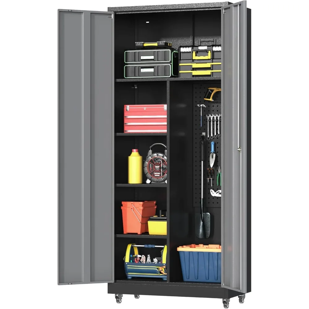 

Metal Garage Storage Cabinet with 2 Doors, Adjustable Rolling Tool Storage Cabinet with Lock, 71" Steel Locking Tool Cabinet wit
