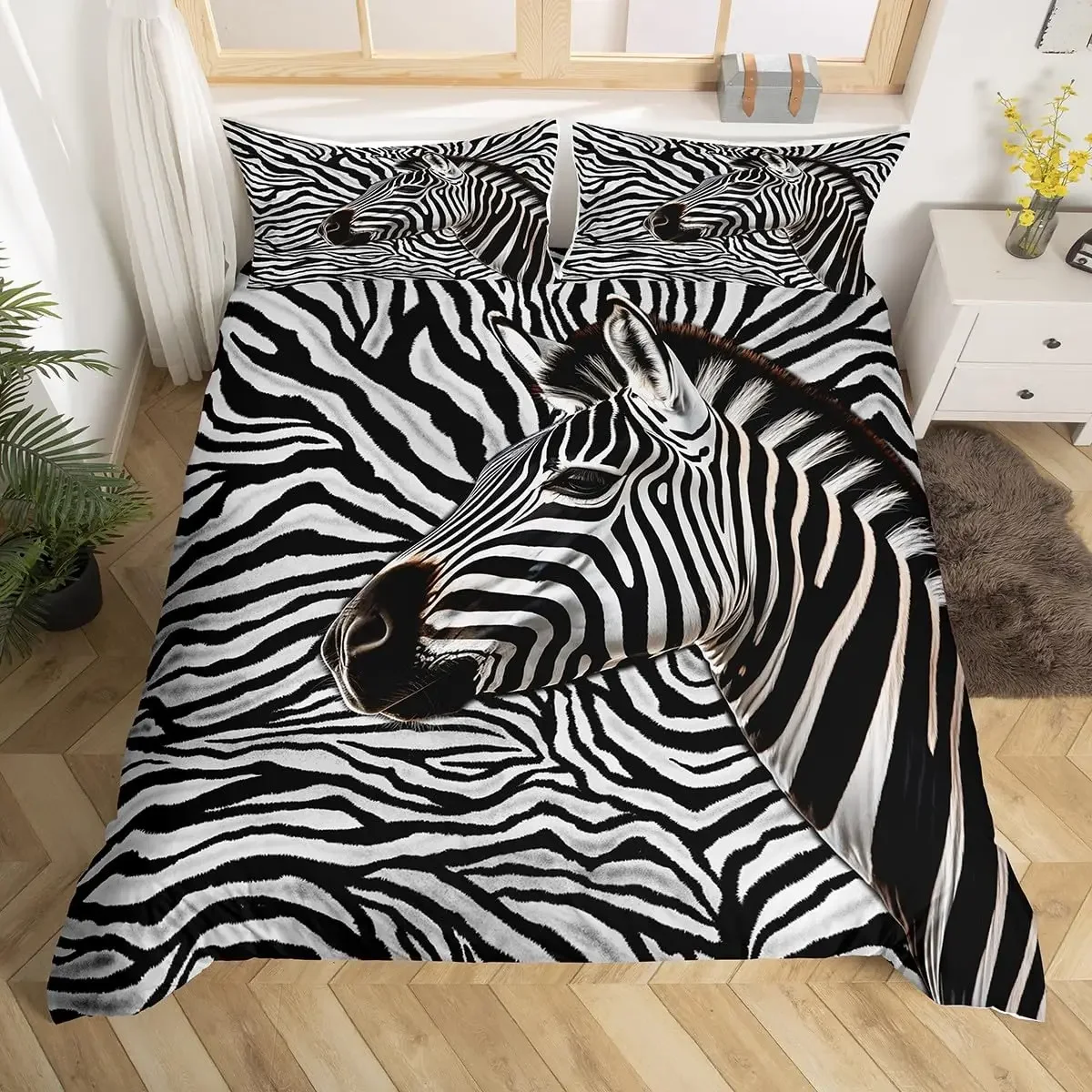 Wild Zebra Print Theme 3 Pieces Duvet Cover Set Queen Size，Bedding Lines Duvet Cover with 2 Pillow Shams, Full Size Home Decor