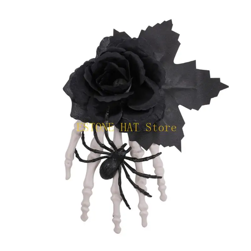 

49MF Halloween Skeleton Hand Hair Claw With Synthetic Rose Decoration Comfortable Hairgrip For Sensitive Scalp Wear